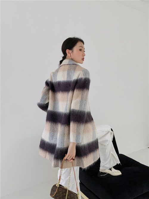 Winter Notched Collar Faux Cashmere Plaid Coat - Image 4