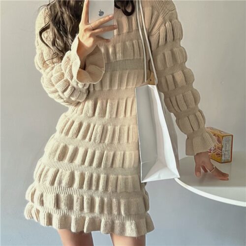 Winter Korean O-Neck Long Flare Sleeves Ruched A-Line Knitted Mini Dress - Image 2