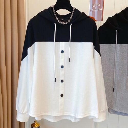 Autumn / Winter Drawstrings Contrast Buttons Hoodie - Image 2