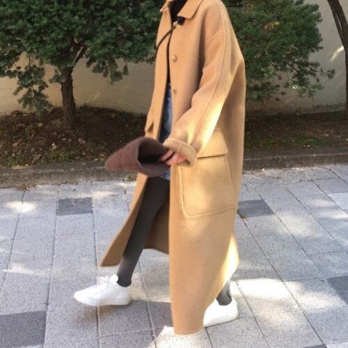 Winter Turn-Down Collar Single-Breasted Pockets Solid Loose Woolen Overcoat - Image 3