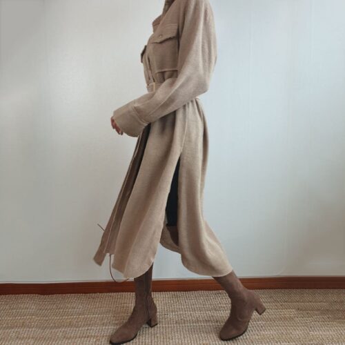 Autumn / Winter Turn-Down Collar Long Sleeves Corduroy Single-Breasted Pockets Midi Dress With Belt - Image 5