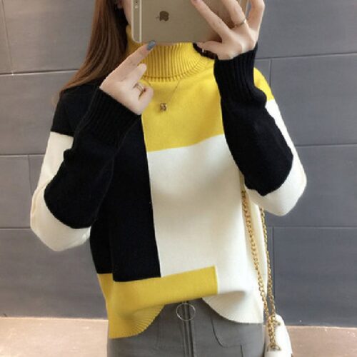 Winter Korean Turtleneck Long Sleeves Patchwork Thick Sweater - Image 3