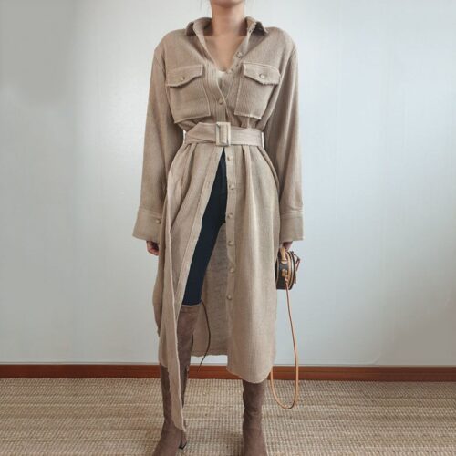 Long Sleeves Corduroy Single-Breasted Pockets Midi Dress