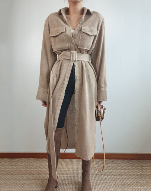 Long Sleeves Corduroy Single-Breasted Pockets Midi Dress