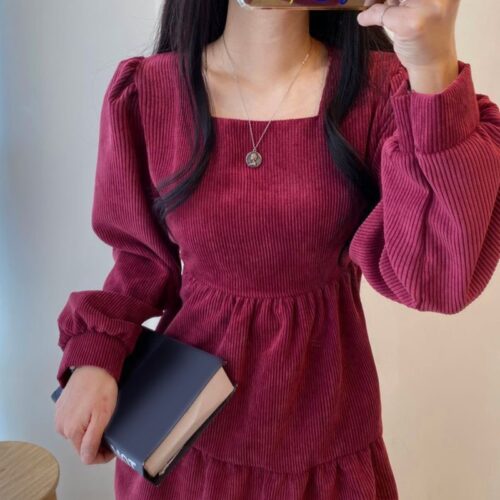 Autumn / Winter Square Collar Long Sleeves Corduroy A-Line Mini Dress - Image 6