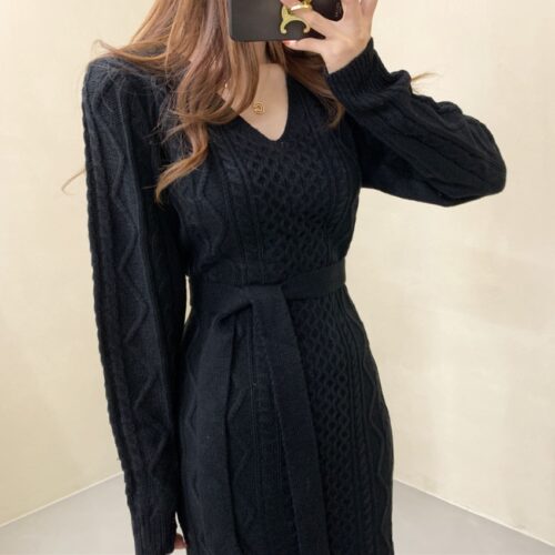 Winter V-Neck Long Sleeves Twist Solid Knitted Midi Dress with Belt - Image 5