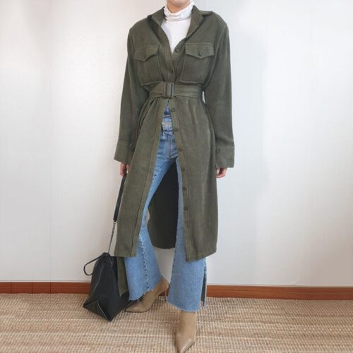 Autumn / Winter Turn-Down Collar Long Sleeves Corduroy Single-Breasted Pockets Midi Dress With Belt - Image 2