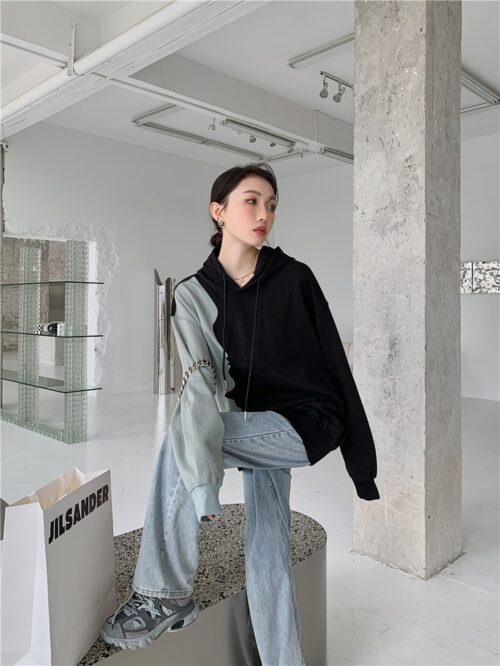Autumn / Winter Drawstrings Face Patchwork Oversized Hoodie - Image 2