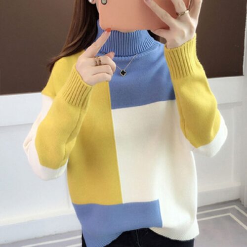 Winter Korean Turtleneck Long Sleeves Patchwork Thick Sweater - Image 5