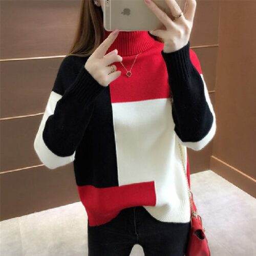 Turtleneck Long Sleeves Patchwork Thick Sweater