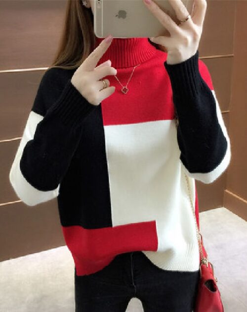 Turtleneck Long Sleeves Patchwork Thick Sweater