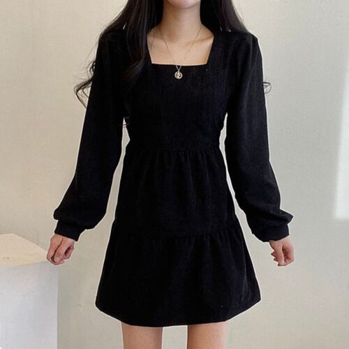 Autumn / Winter Square Collar Long Sleeves Corduroy A-Line Mini Dress - Image 4
