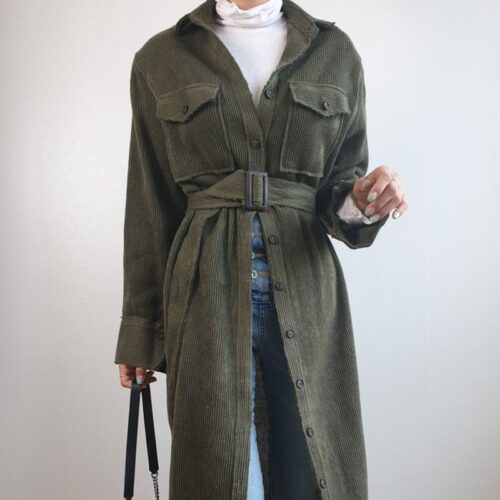 Autumn / Winter Turn-Down Collar Long Sleeves Corduroy Single-Breasted Pockets Midi Dress With Belt - Image 7