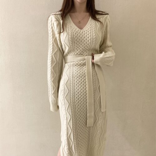 Winter V-Neck Long Sleeves Twist Solid Knitted Midi Dress with Belt - Image 2