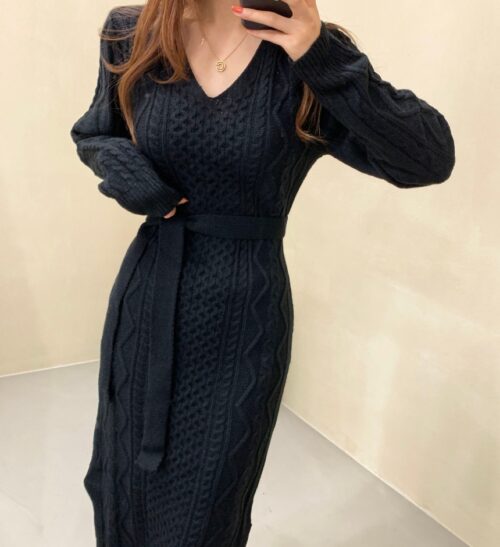 Winter V-Neck Long Sleeves Twist Solid Knitted Midi Dress with Belt - Image 6