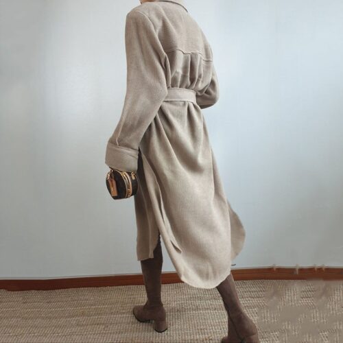 Autumn / Winter Turn-Down Collar Long Sleeves Corduroy Single-Breasted Pockets Midi Dress With Belt - Image 6