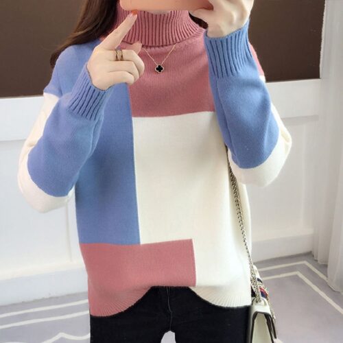 Winter Korean Turtleneck Long Sleeves Patchwork Thick Sweater - Image 4