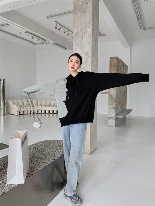 Autumn / Winter Drawstrings Face Patchwork Oversized Hoodie - Image 3
