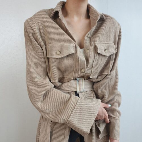 Autumn / Winter Turn-Down Collar Long Sleeves Corduroy Single-Breasted Pockets Midi Dress With Belt - Image 3