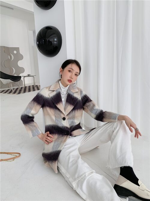 Winter Notched Collar Faux Cashmere Plaid Coat - Image 5