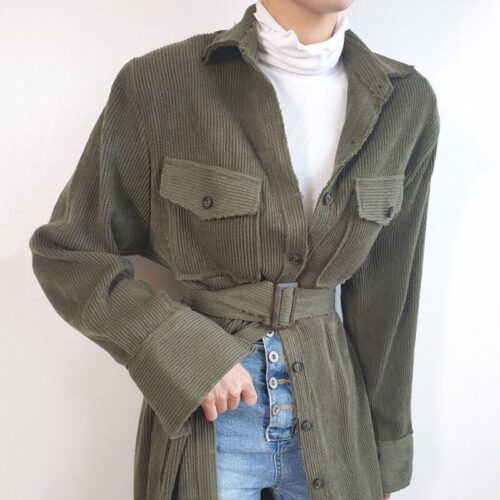 Autumn / Winter Turn-Down Collar Long Sleeves Corduroy Single-Breasted Pockets Midi Dress With Belt - Image 4