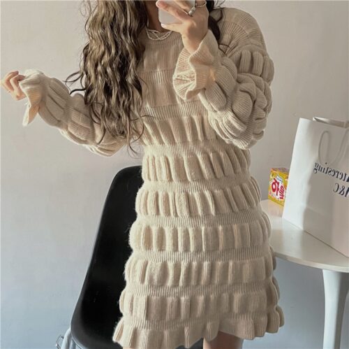 Winter Korean O-Neck Long Flare Sleeves Ruched A-Line Knitted Mini Dress - Image 3
