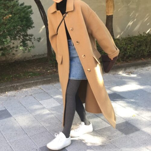 Winter Turn-Down Collar Single-Breasted Pockets Solid Loose Woolen Overcoat - Image 2