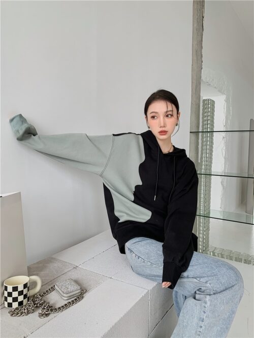 Autumn / Winter Drawstrings Face Patchwork Oversized Hoodie - Image 4
