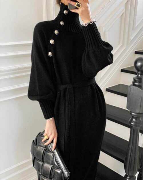 Turtleneck Raglan Sleeves Buttons Knitted Midi Dress