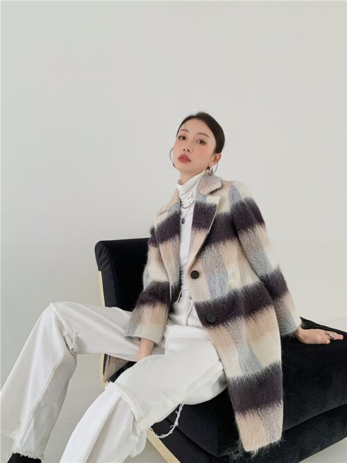 Winter Notched Collar Faux Cashmere Plaid Coat - Image 3