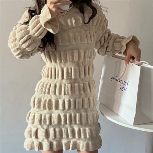 Winter Korean O-Neck Long Flare Sleeves Ruched A-Line Knitted Mini Dress - Image 5