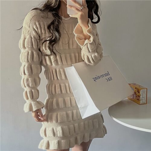 O-Neck Long Flare Sleeves Ruched A-Line Knitted Mini Dress