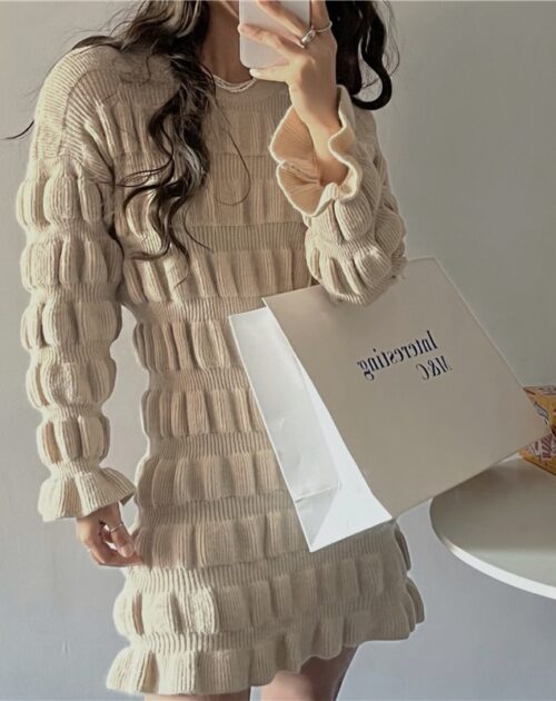 O-Neck Long Flare Sleeves Ruched A-Line Knitted Mini Dress