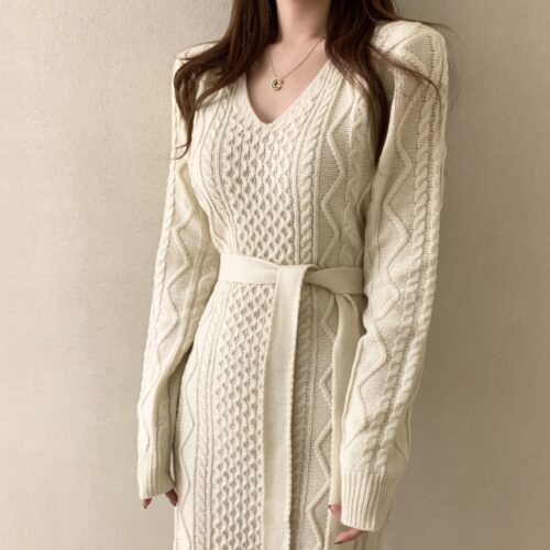 Winter V-Neck Long Sleeves Twist Solid Knitted Midi Dress with Belt - Image 4