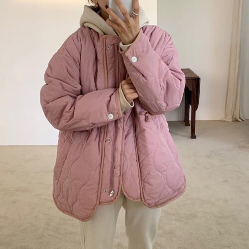 Winter Long Sleeves Solid Thick Warm Loose Pockets Quilted Jacket - Image 4