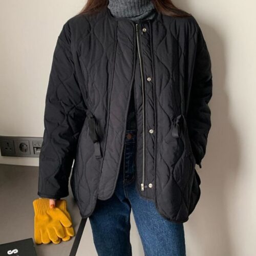 Long Sleeves Solid Thick Warm Loose Pockets Quilted Jacket