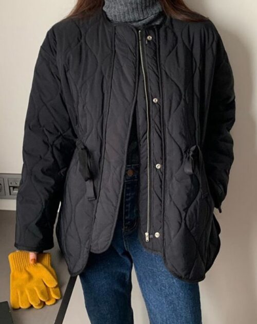Long Sleeves Solid Thick Warm Loose Pockets Quilted Jacket