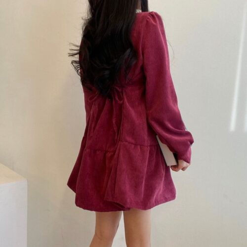 Autumn / Winter Square Collar Long Sleeves Corduroy A-Line Mini Dress - Image 5