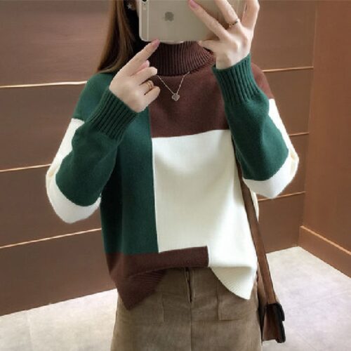 Winter Korean Turtleneck Long Sleeves Patchwork Thick Sweater - Image 6