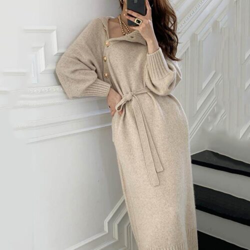 Winter Korean Turtleneck Raglan Sleeves Buttons Knitted Midi Dress - Image 3