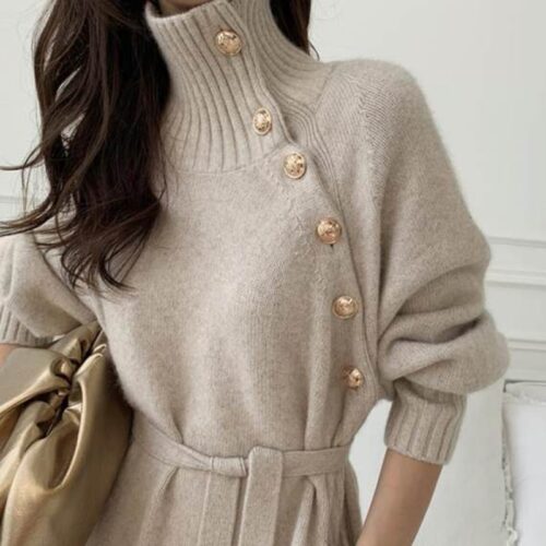 Winter Korean Turtleneck Raglan Sleeves Buttons Knitted Midi Dress - Image 5