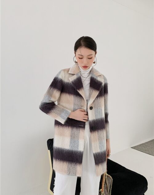 Winter Notched Collar Faux Cashmere Plaid Coat