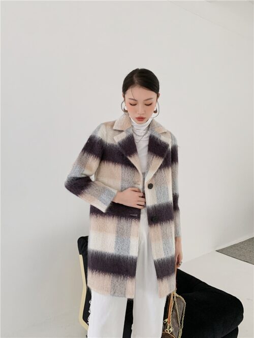 Winter Notched Collar Faux Cashmere Plaid Coat