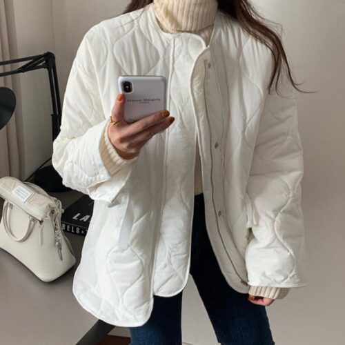 Winter Long Sleeves Solid Thick Warm Loose Pockets Quilted Jacket - Image 6