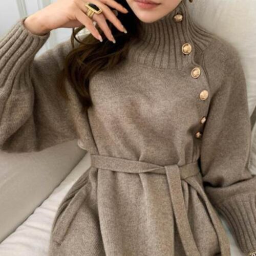 Winter Korean Turtleneck Raglan Sleeves Buttons Knitted Midi Dress - Image 4