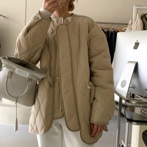 Winter Long Sleeves Solid Thick Warm Loose Pockets Quilted Jacket - Image 5