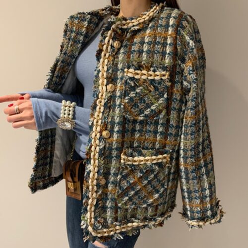 Spring / Autumn Korean Single-Breasted Chain-Trimmed Tweed Jacket - Image 4