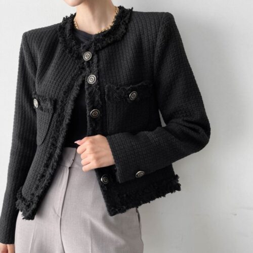 Spring / Autumn Single-Breasted Fringed Solid Tweed Jacket - Image 5