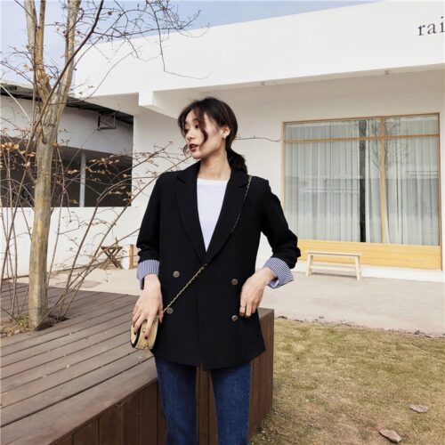 Notched Collar Double-Breasted Striped Cuff Blazer