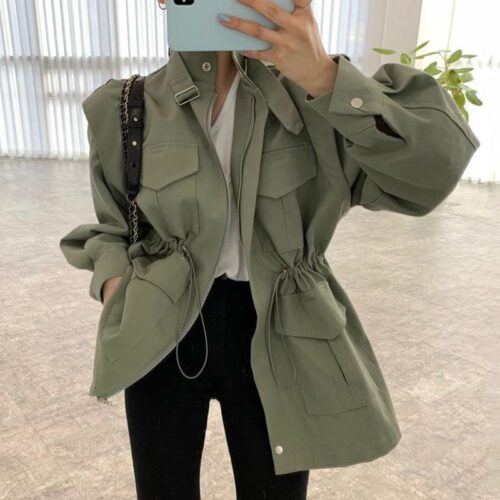 Stand Collar Multi-Pockets Drawstrings Jacket